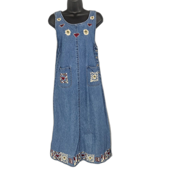 VTG 90s Denim Dress Embroidered Sleeveless Midi Jean Pockets SZ PM Petite Medium - Picture 1 of 9